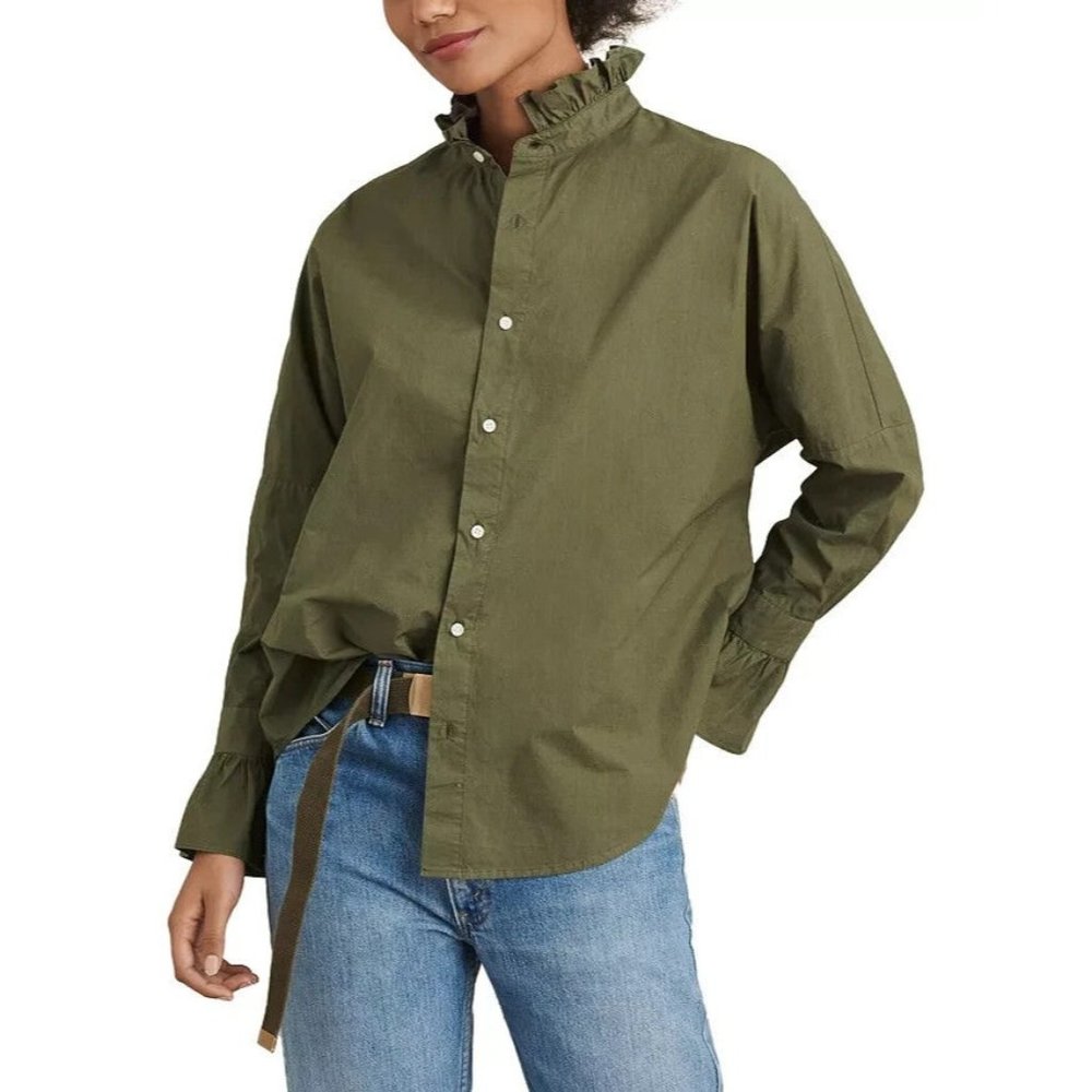 Alex Mill Easy Ruffle Shirt in Paper Poplin Dusty Olive Cotton Womens Size L